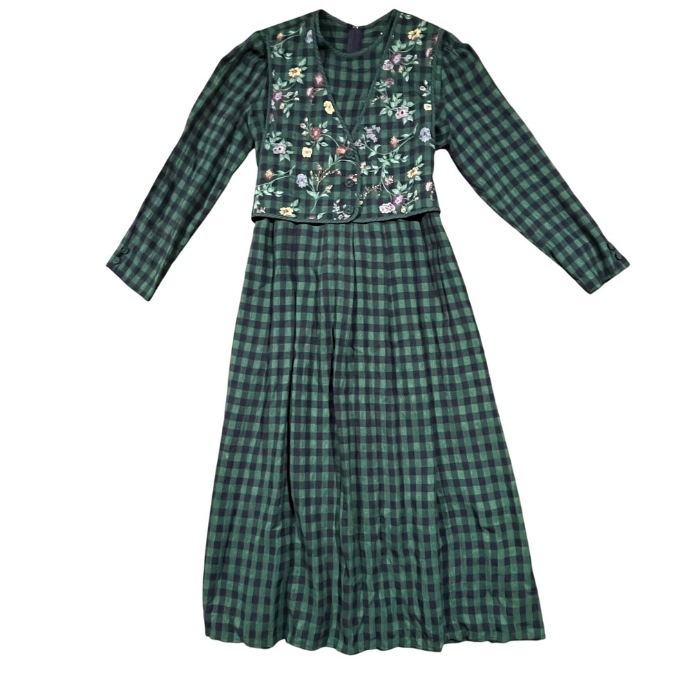 Vintage‎ JBS Ltd Green Gingham Floral Vest Maxi Dress Womens 14 Cottagecore 90s